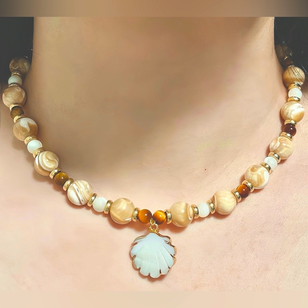 Jupiter 🌬️ Mother of Pearl Shell & Tiger Eye Necklace